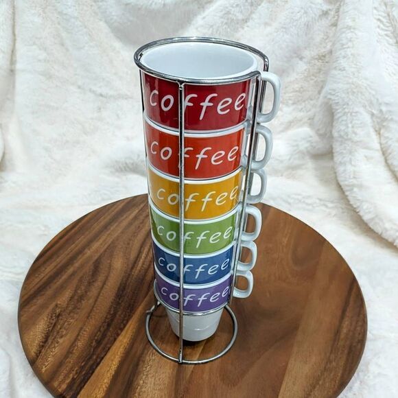Stackable Coffee Latte Mugs Multi-Color Rainbow 6 pc Coffee Mugs with Rack Set - Picture 1 of 10